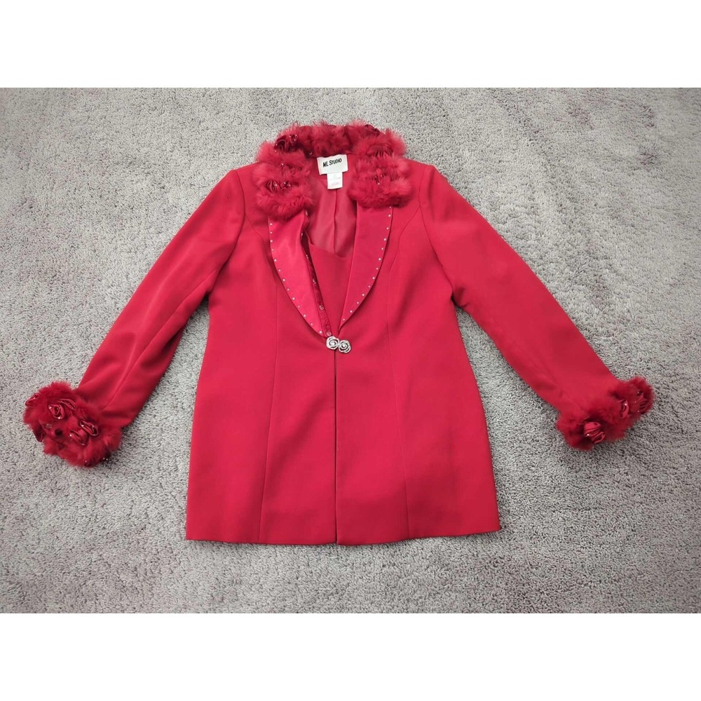 Vintage ML‎ Studio Blazer Womens 14 Red Faux Fur Trim Rhinestone Embellishments